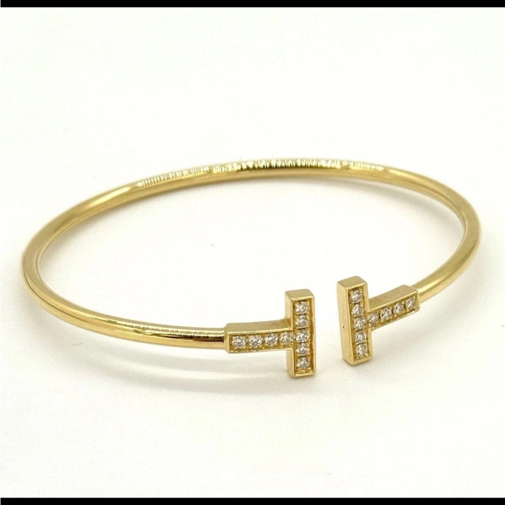 Tiffany & Co. T Wire Pave Diamond Bracelet 6.5" 18k Yellow Gold 750 Auth w/Box
